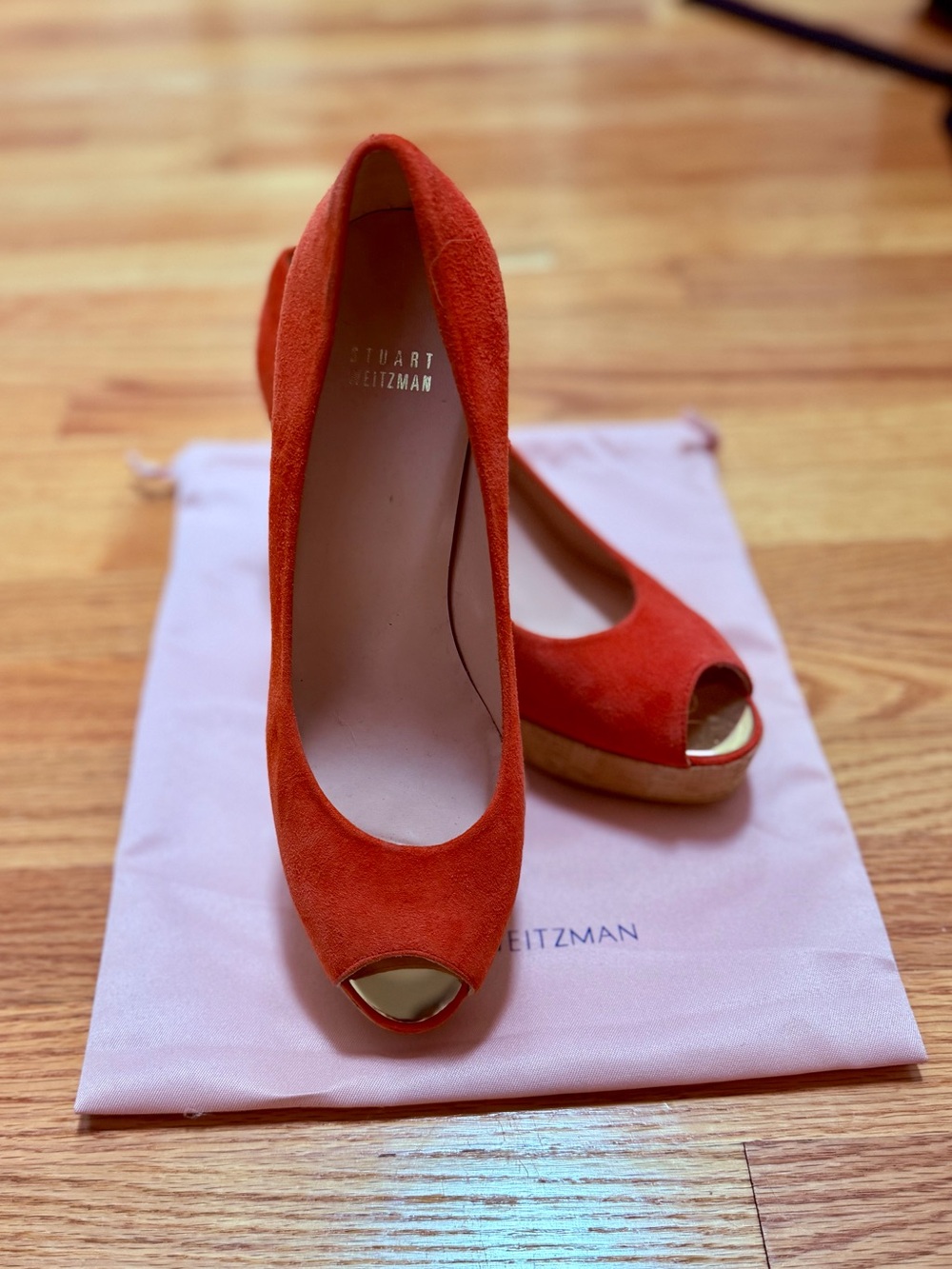 Stuart Weitzman Orange Suede Peep-Toe Platform Cork Wedges with Gold Accent